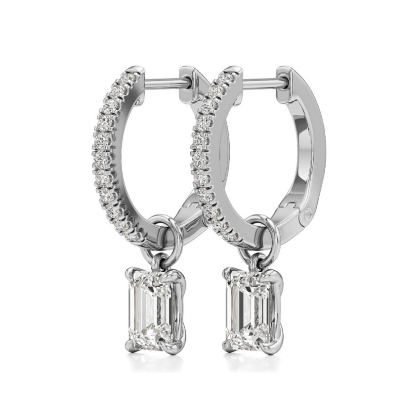 emerald cut lab grown diamond charm hoops white gold angle