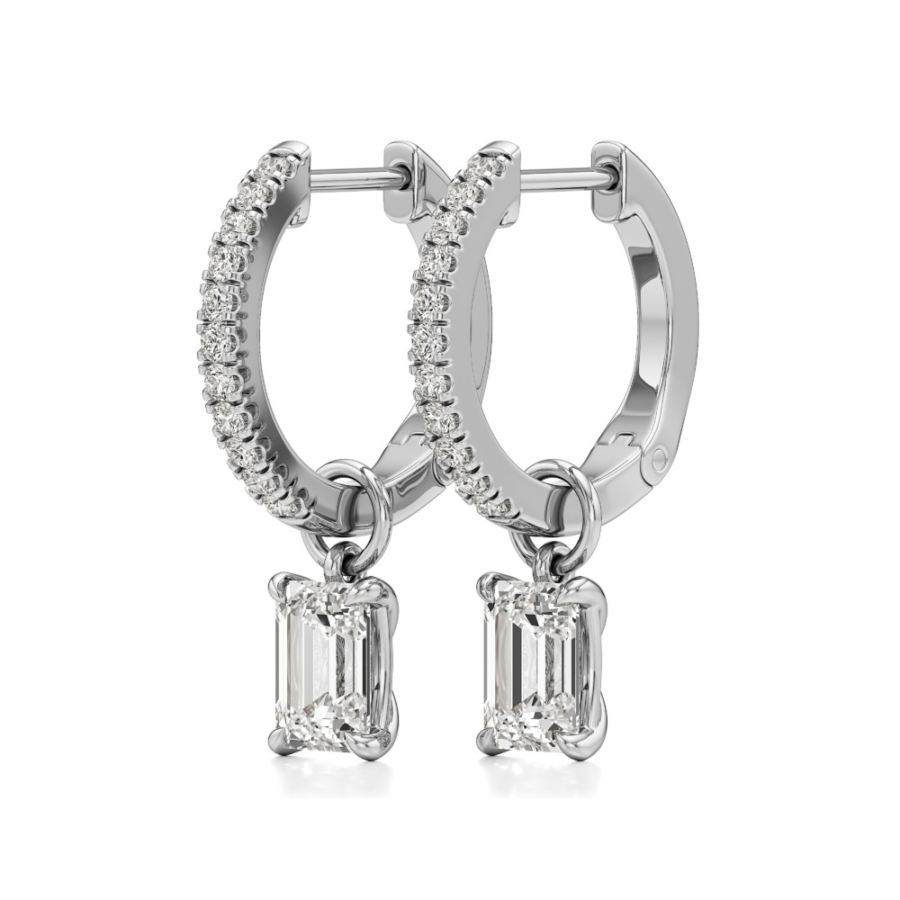 emerald cut lab grown diamond charm hoops white gold angle