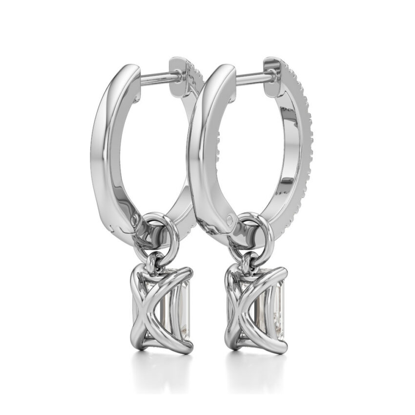 emerald cut lab grown diamond charm hoops white gold back
