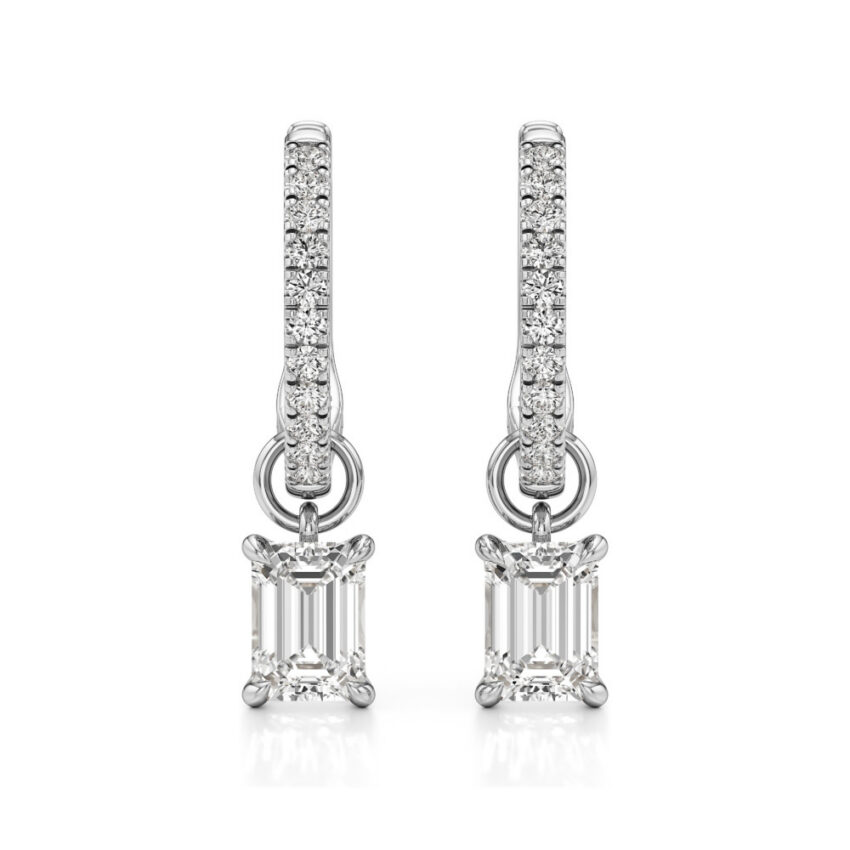 emerald cut lab grown diamond charm hoops white gold front