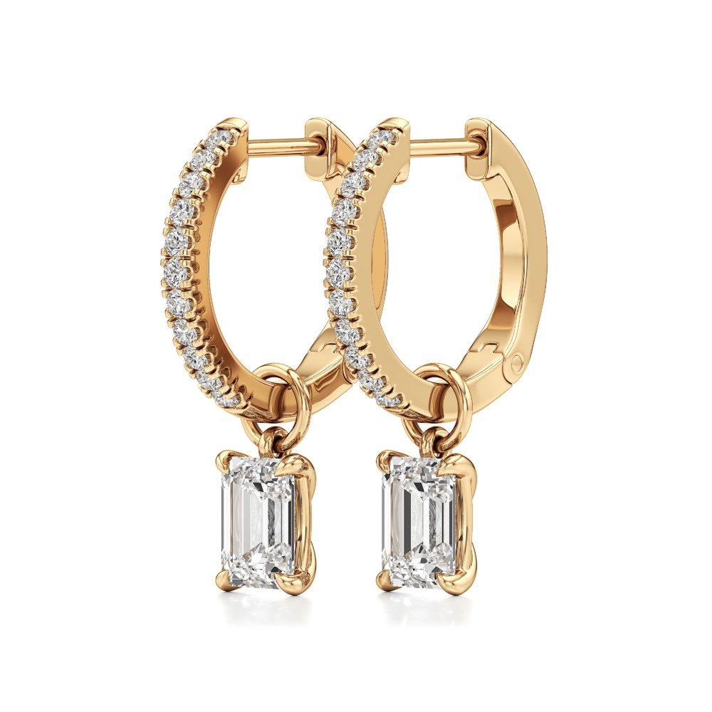 emerald cut lab grown diamond charm hoops yellow gold angle