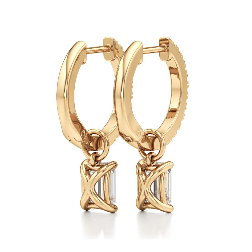 emerald cut lab grown diamond charm hoops yellow gold back