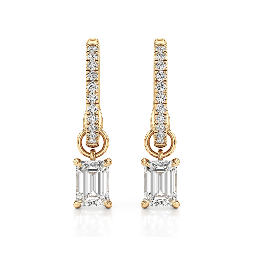 emerald cut lab grown diamond charm hoops yellow gold front emerald cut lab grown diamond charm hoops yellow gold front