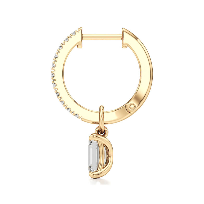 emerald cut lab grown diamond charm hoops yellow gold side