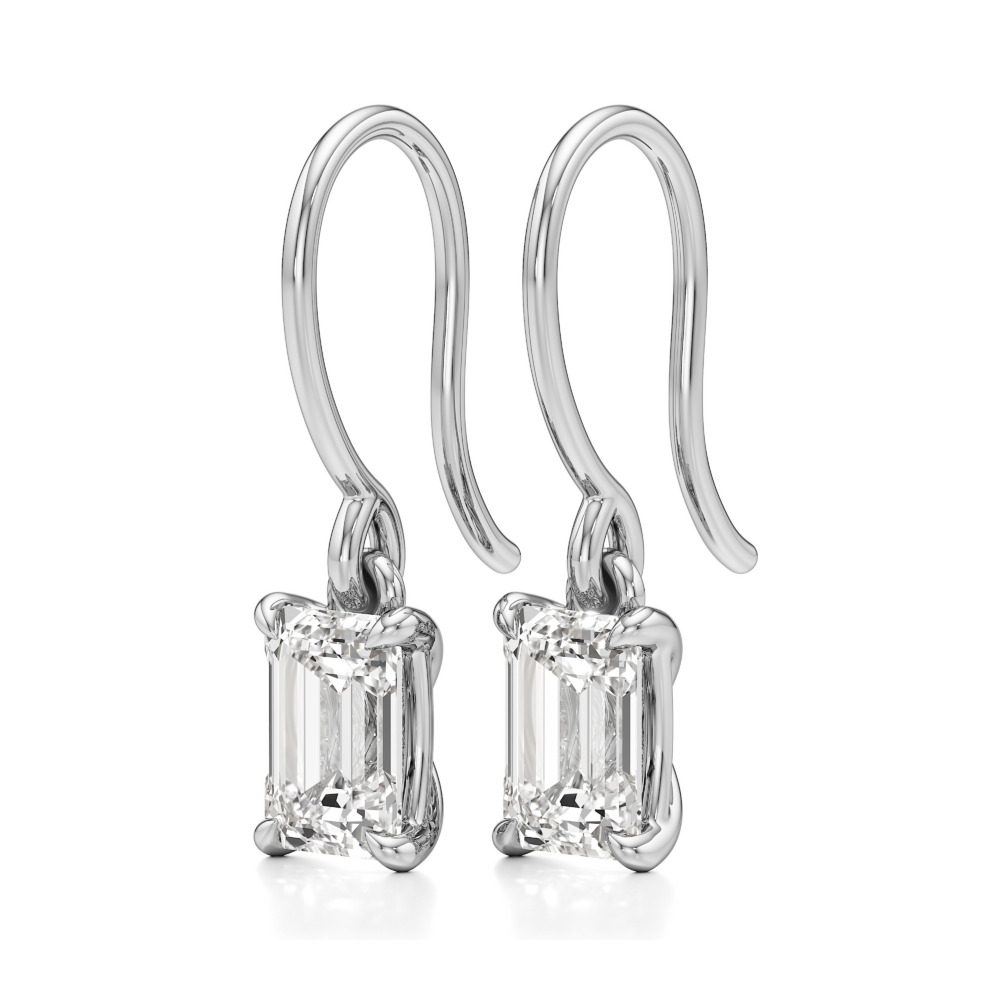 emerald cut lab grown diamond drop earrings platinum angle