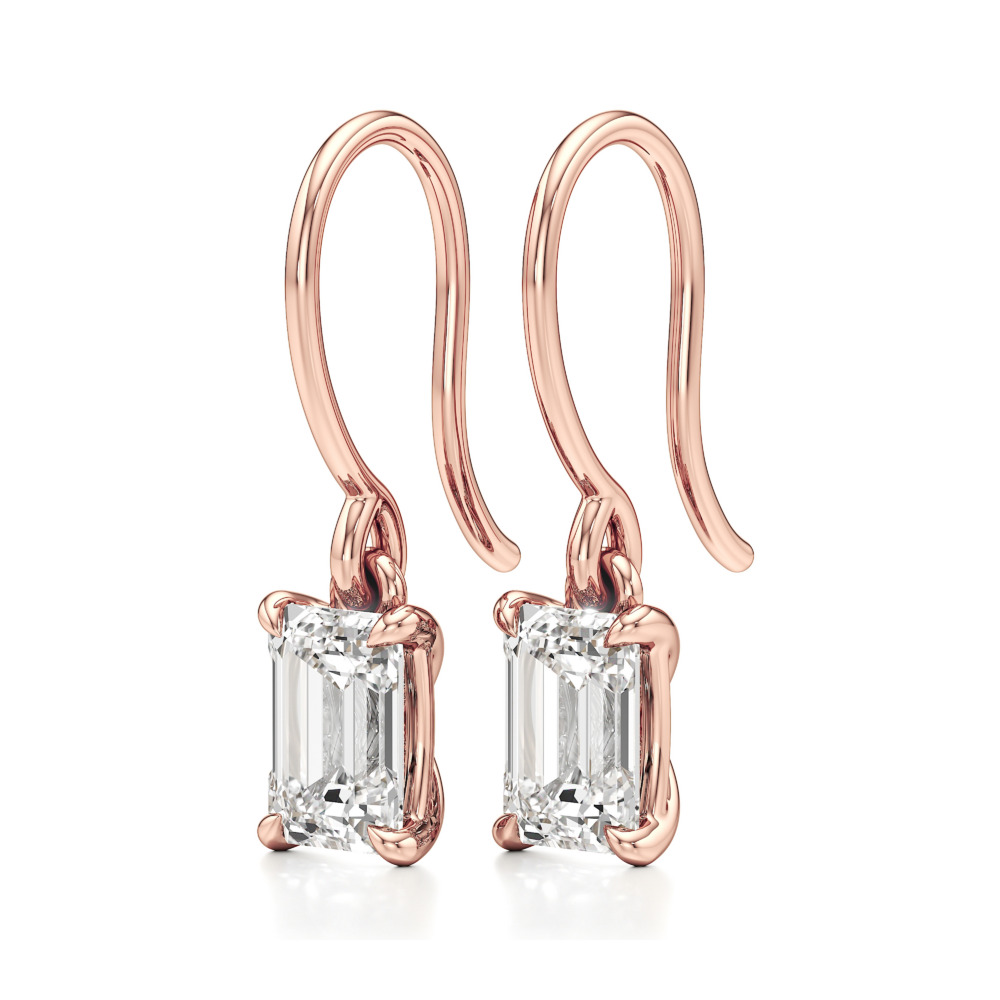 emerald cut lab grown diamond drop earrings rose gold angle