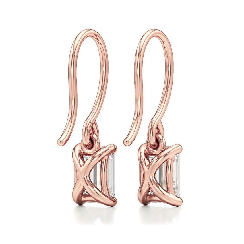 emerald cut lab grown diamond drop earrings rose gold back