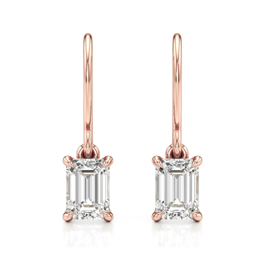 emerald cut lab grown diamond drop earrings rose gold front