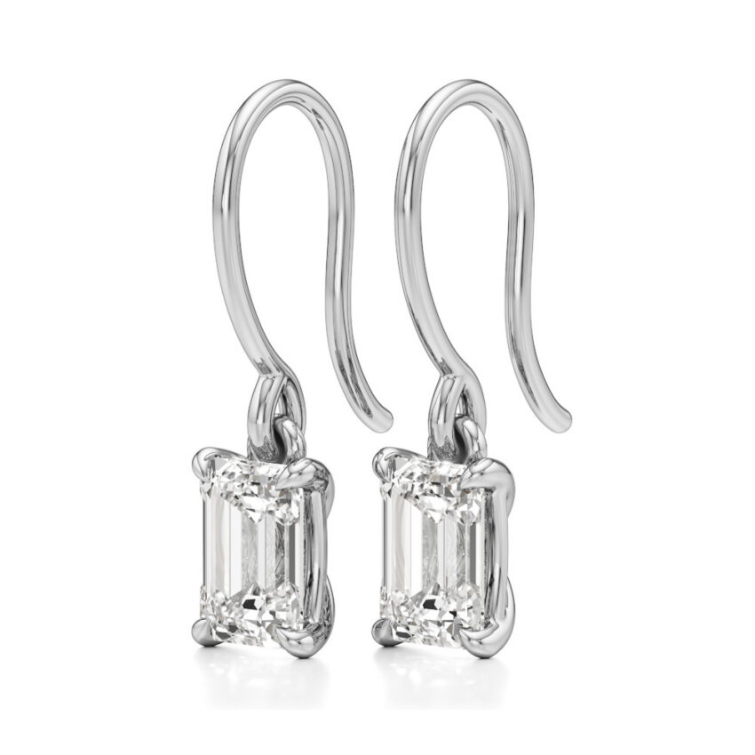 emerald cut lab grown diamond drop earrings white gold angle