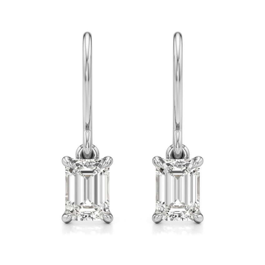 emerald cut lab grown diamond drop earrings white gold front