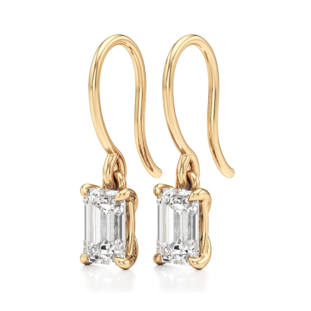 emerald cut lab grown diamond drop earrings yellow gold angle
