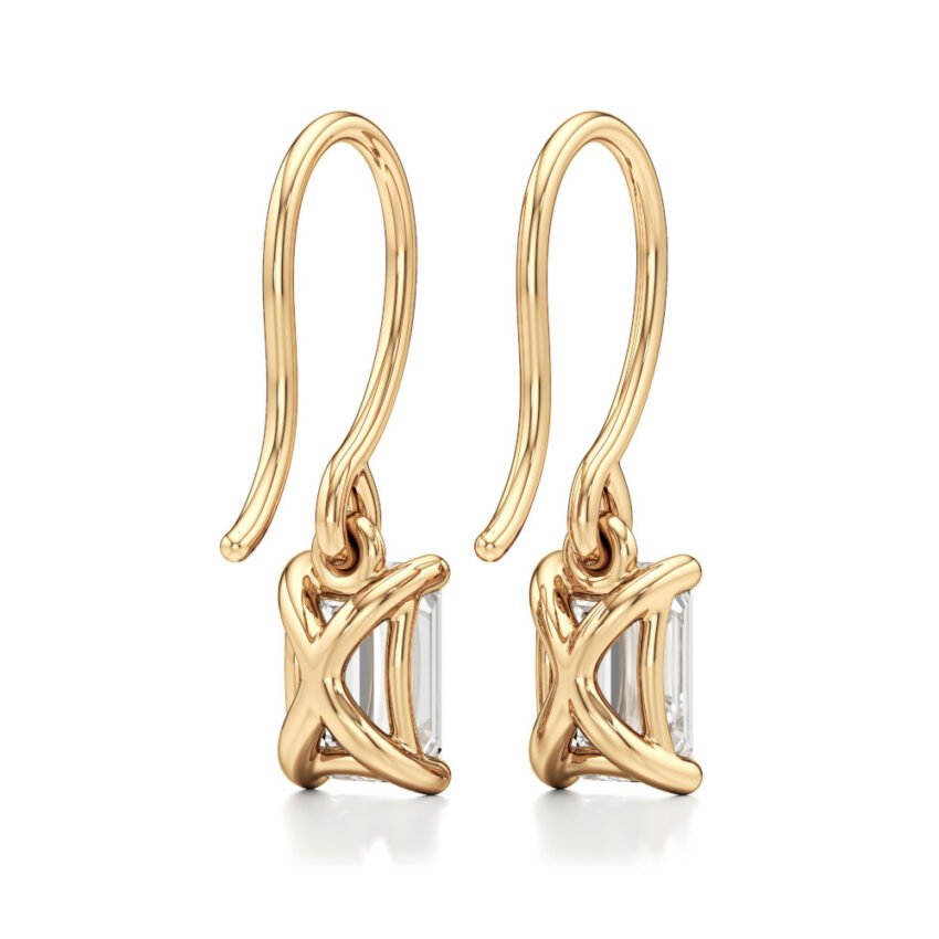 emerald cut lab grown diamond drop earrings yellow gold back