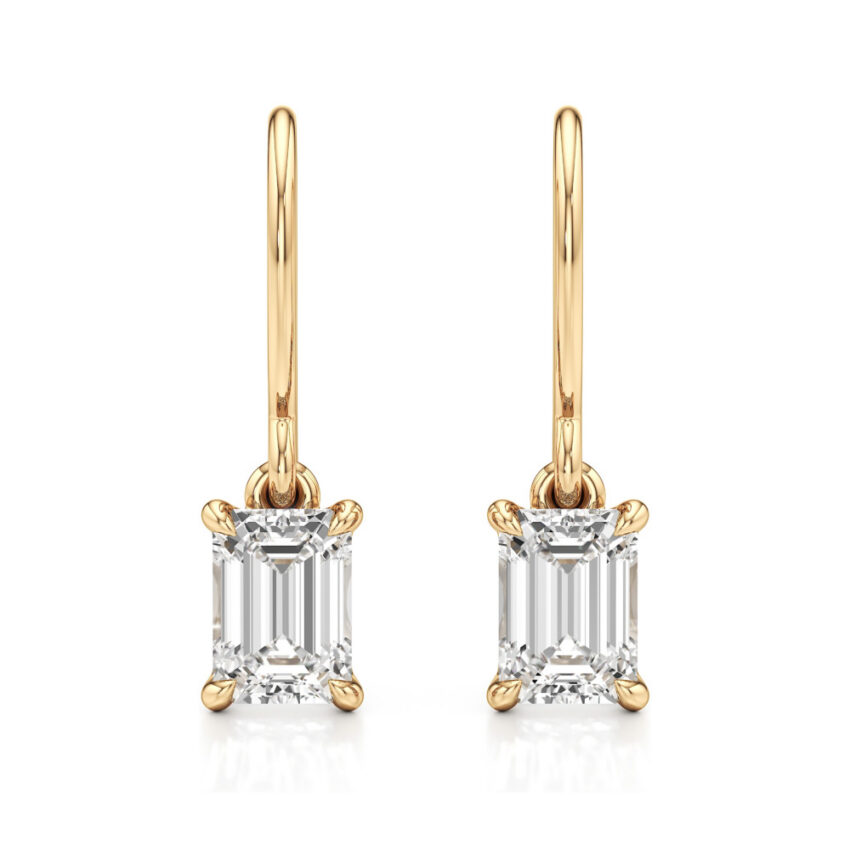 emerald cut lab grown diamond drop earrings yellow gold front