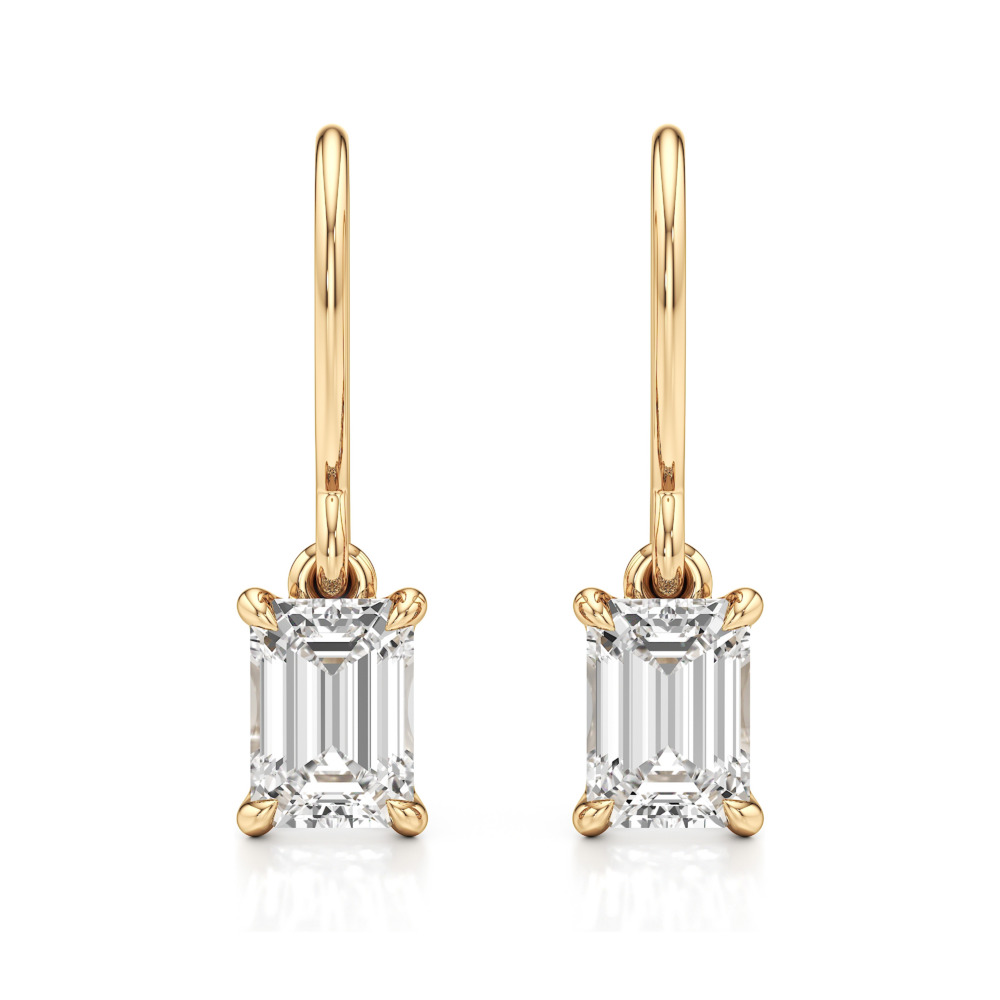 emerald cut lab grown diamond drop earrings yellow gold front emerald cut lab grown diamond drop earrings yellow gold front