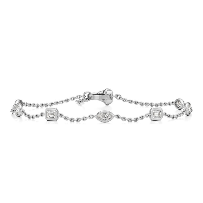 fancy cut lab grown diamond station bracelet white gold front