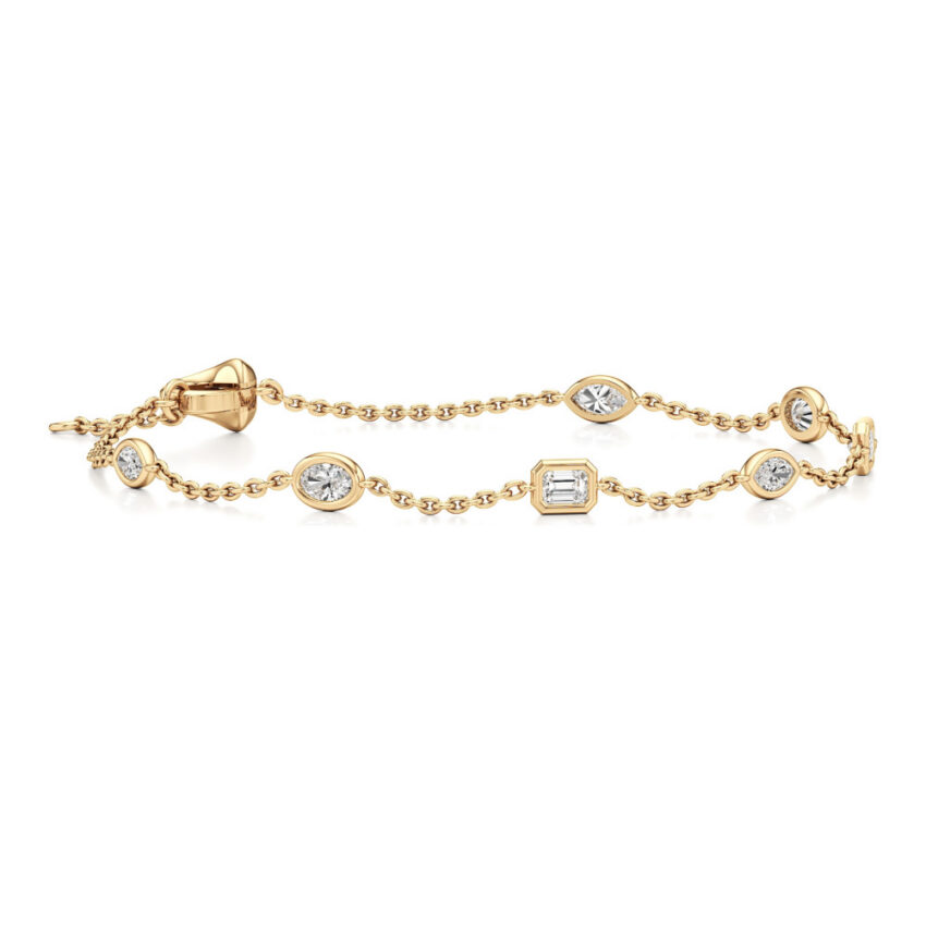 fancy cut lab grown diamond station bracelet yellow gold angle