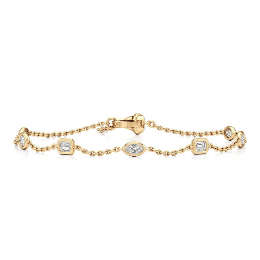 fancy cut lab grown diamond station bracelet yellow gold front