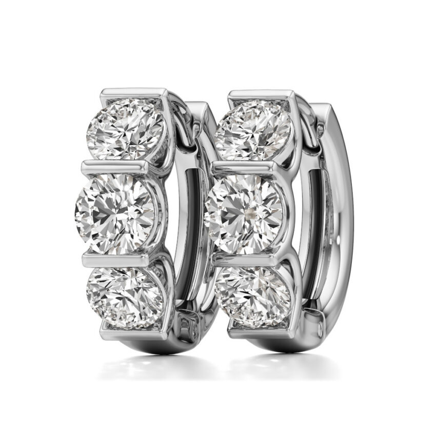 lab grown diamond three stone huggie hoops platinum angle