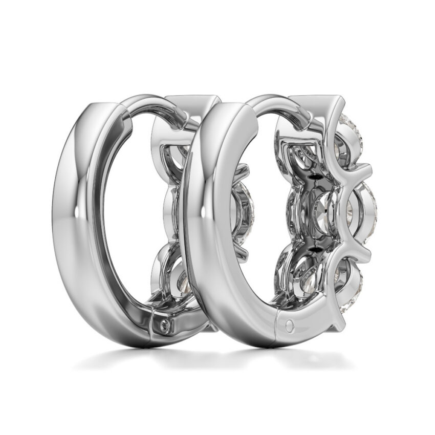 lab grown diamond three stone huggie hoops platinum back