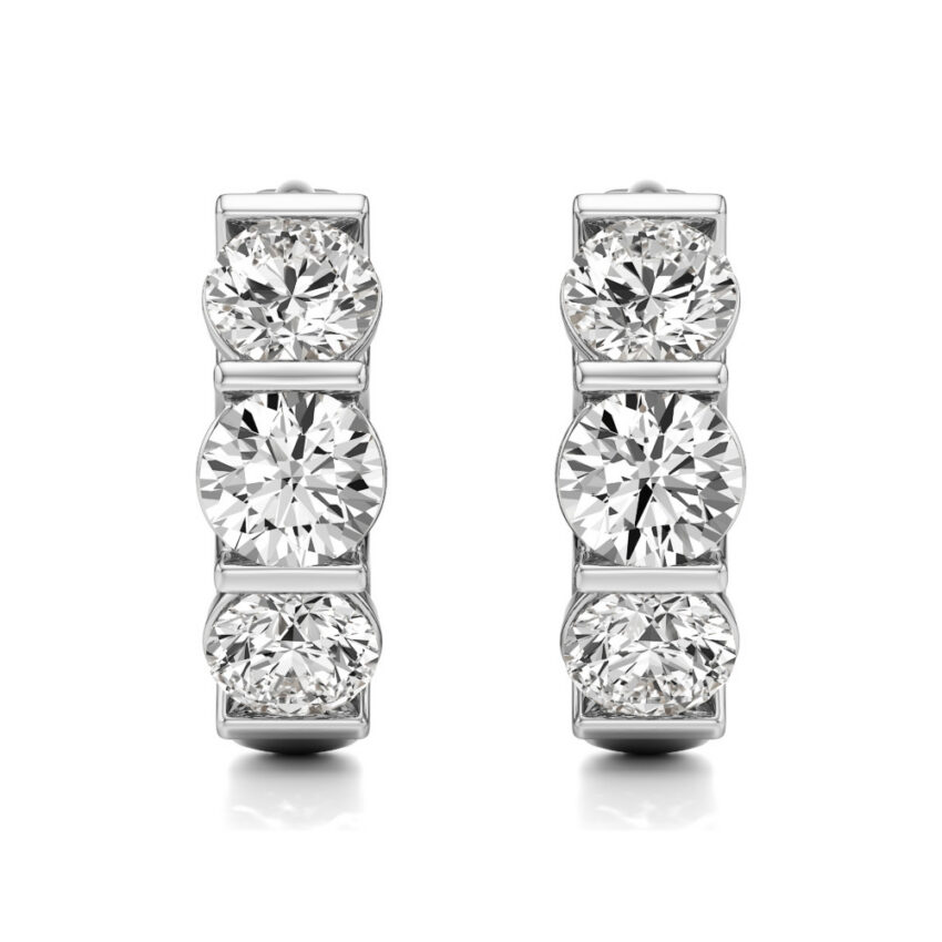 lab grown diamond three stone huggie hoops platinum front
