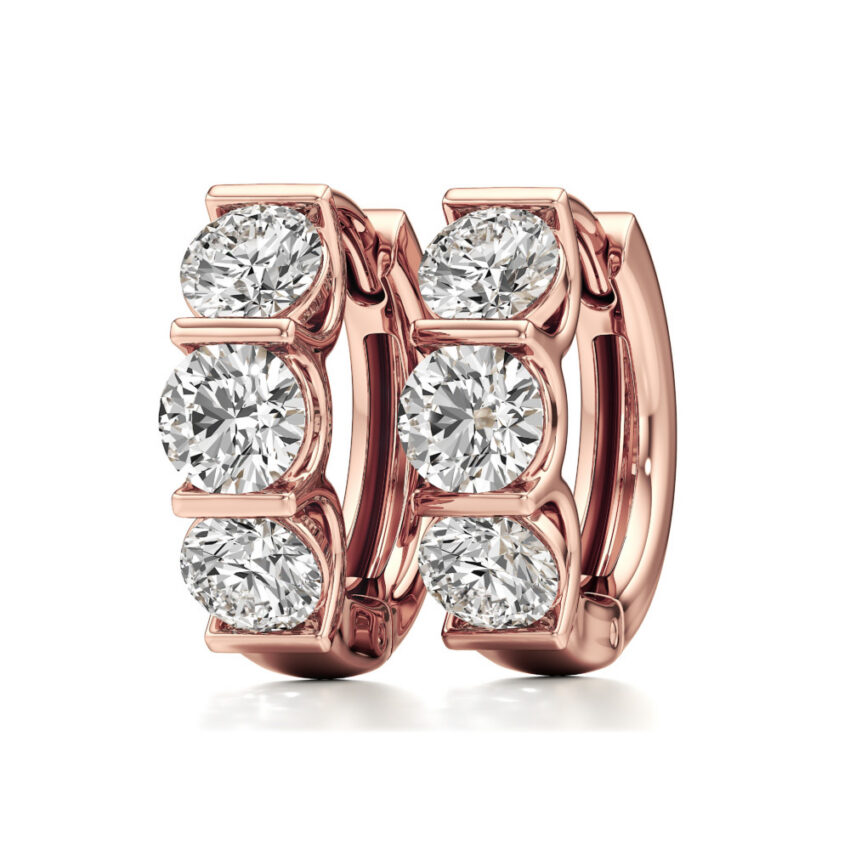 lab grown diamond three stone huggie hoops rose gold angle