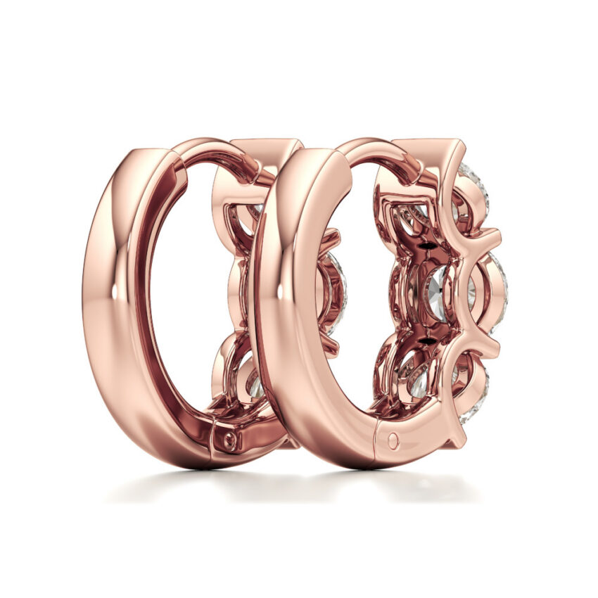 lab grown diamond three stone huggie hoops rose gold back