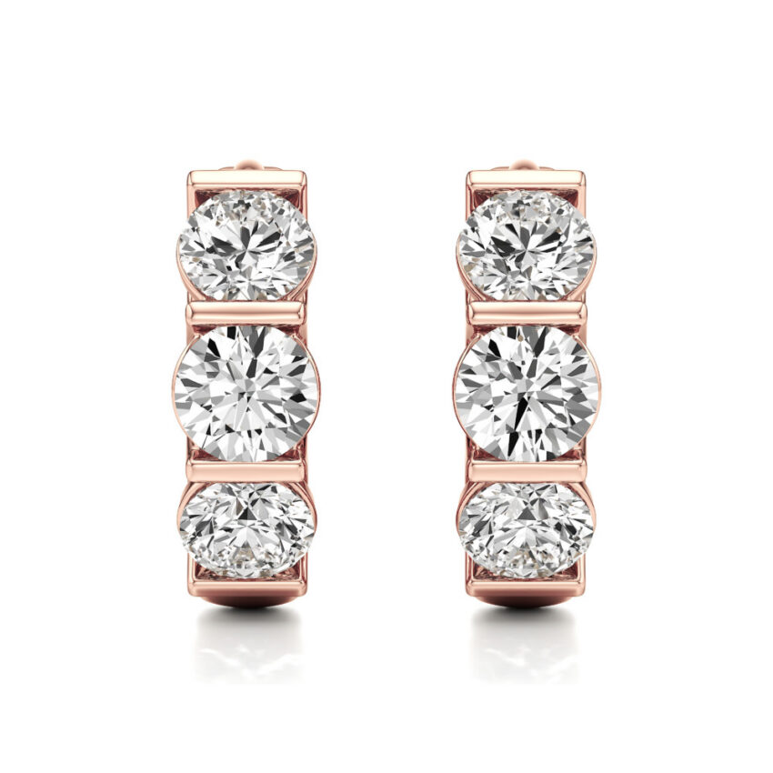 lab grown diamond three stone huggie hoops rose gold front