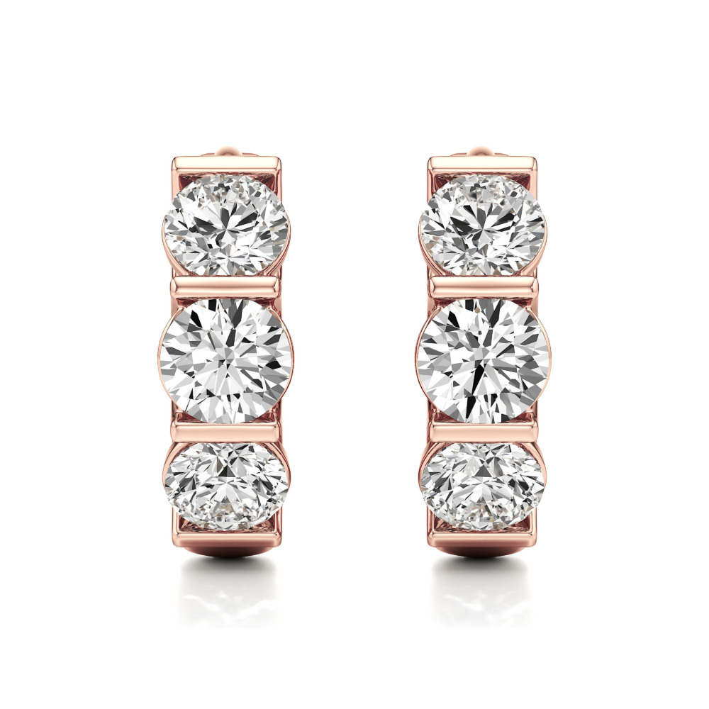 lab grown diamond three stone huggie hoops rose gold front lab grown diamond three stone huggie hoops rose gold front