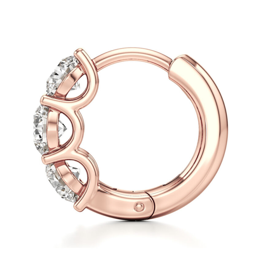 lab grown diamond three stone huggie hoops rose gold side