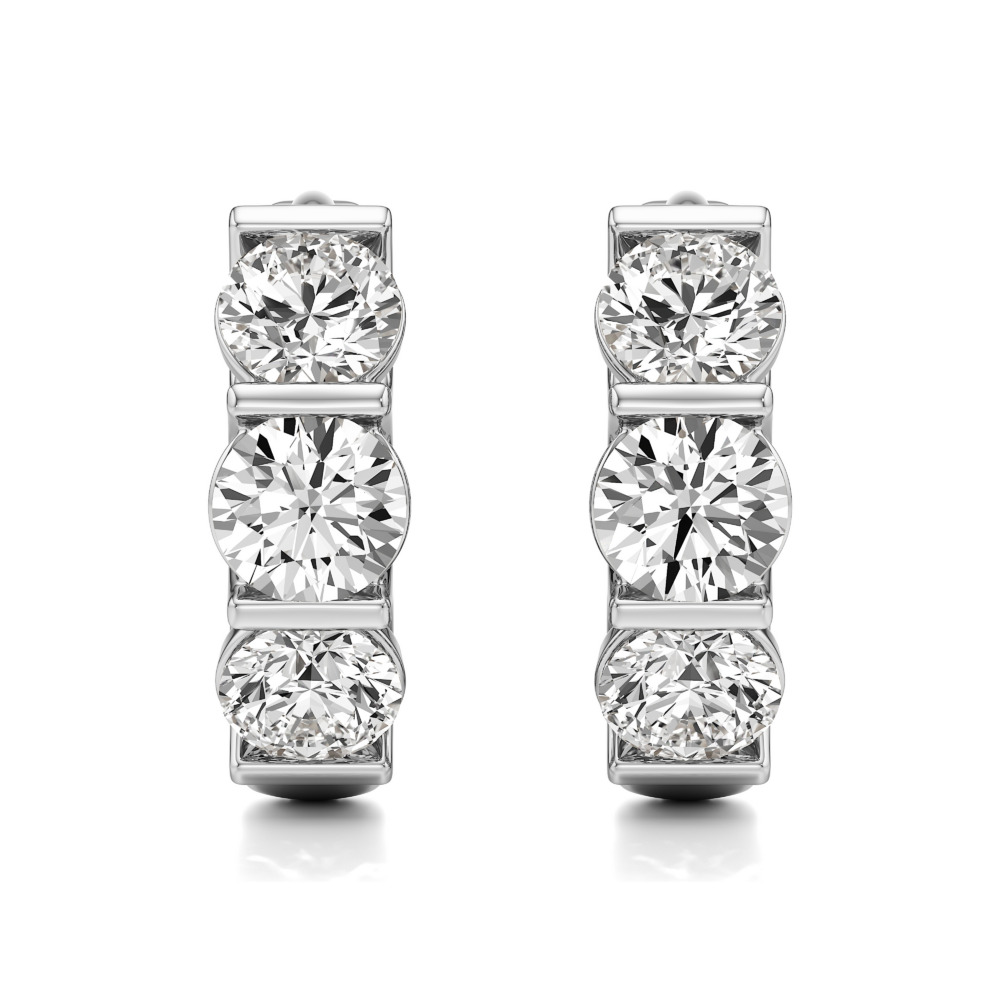 lab grown diamond three stone huggie hoops white gold front lab grown diamond three stone huggie hoops white gold front