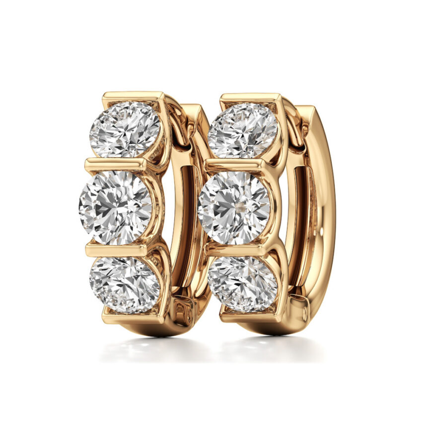 lab grown diamond three stone huggie hoops yellow gold angle