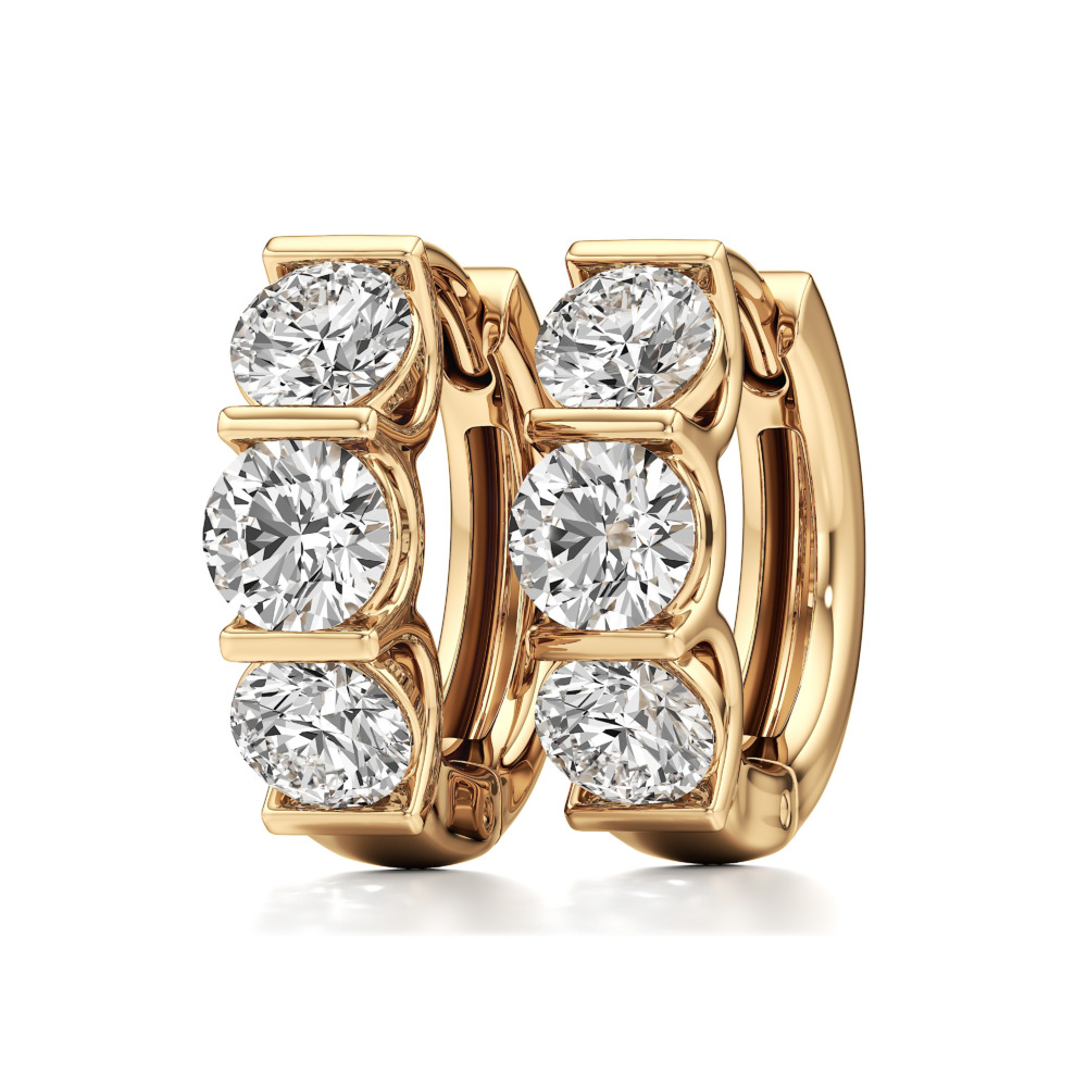 lab grown diamond three stone huggie hoops yellow gold angle