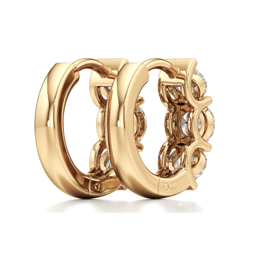 lab grown diamond three stone huggie hoops yellow gold back