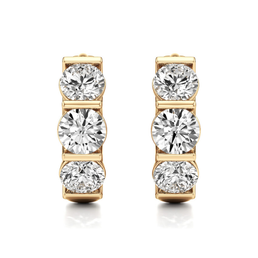 lab grown diamond three stone huggie hoops yellow gold front
