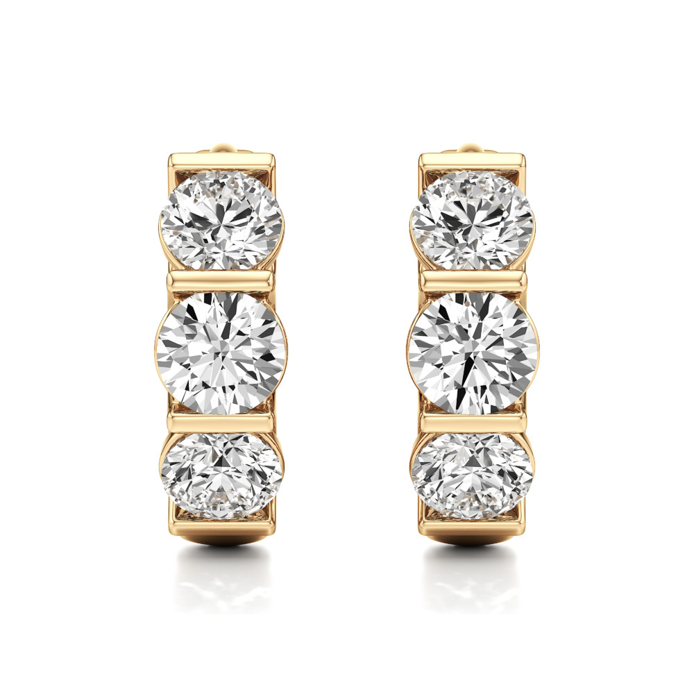 lab grown diamond three stone huggie hoops yellow gold front lab grown diamond three stone huggie hoops yellow gold front