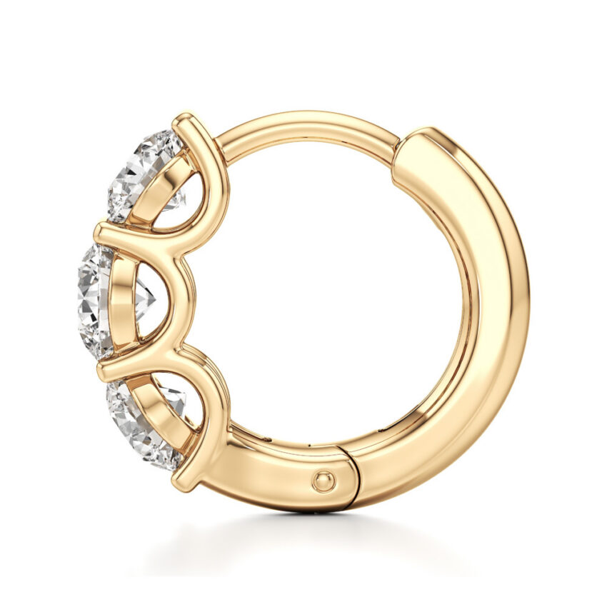 lab grown diamond three stone huggie hoops yellow gold side