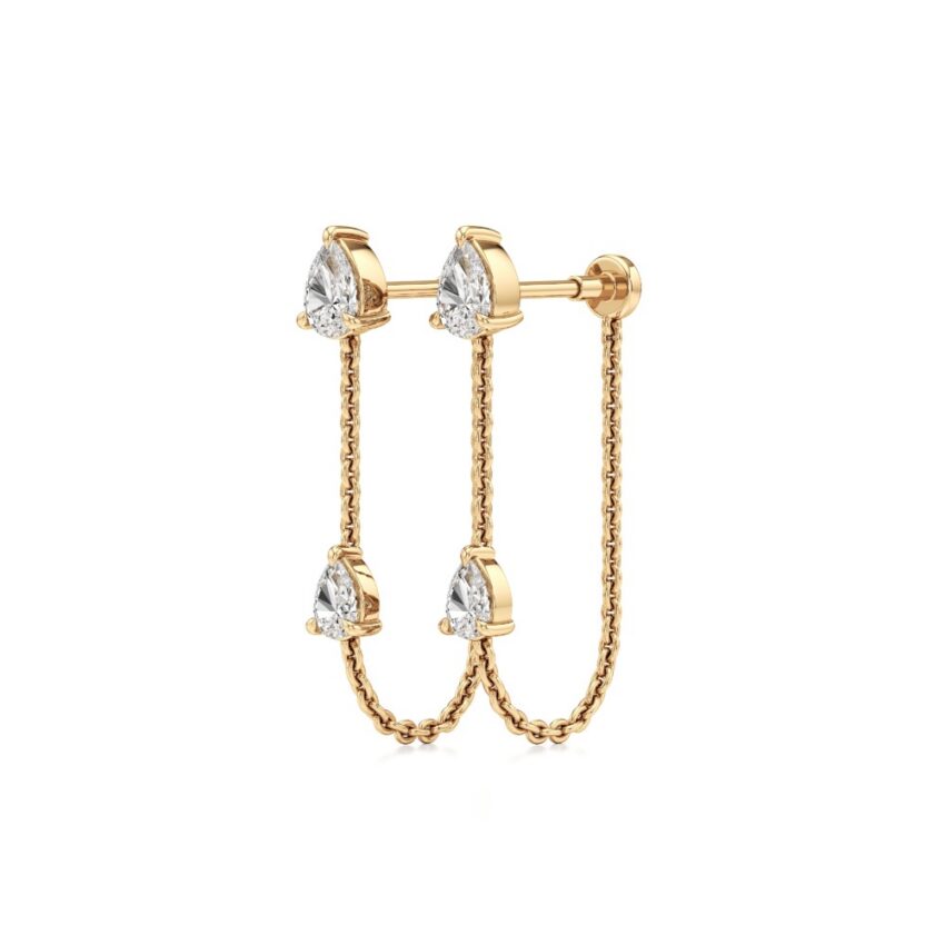 lab grown double pear diamond front back earrings yellow gold angle