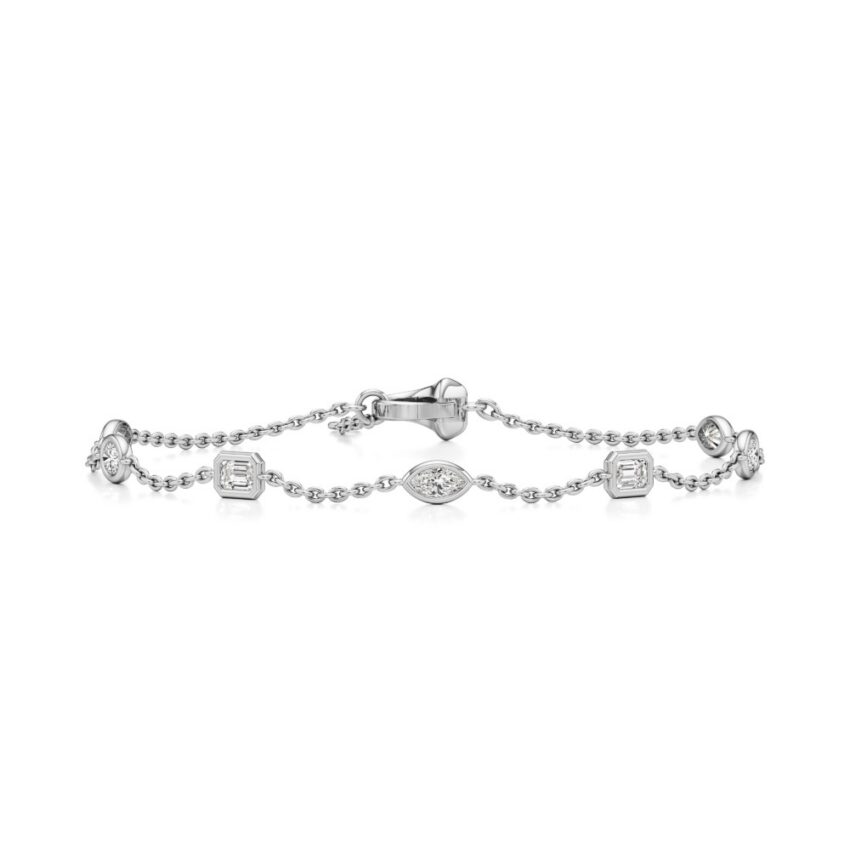 lab grown fancy cut diamond station bracelet white gold front