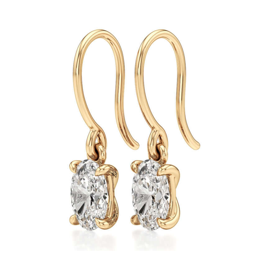 oval lab grown diamond drop earrings yellow gold angle