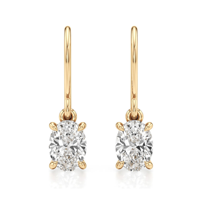 oval lab grown diamond drop earrings yellow gold front