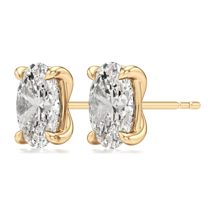 oval lab grown diamond stud earrings yellow gold angle