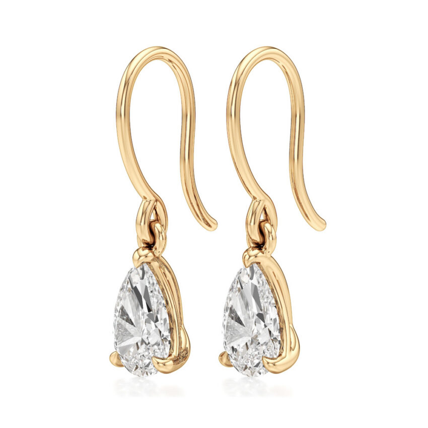 pear lab grown diamond drop earrings yellow gold angle