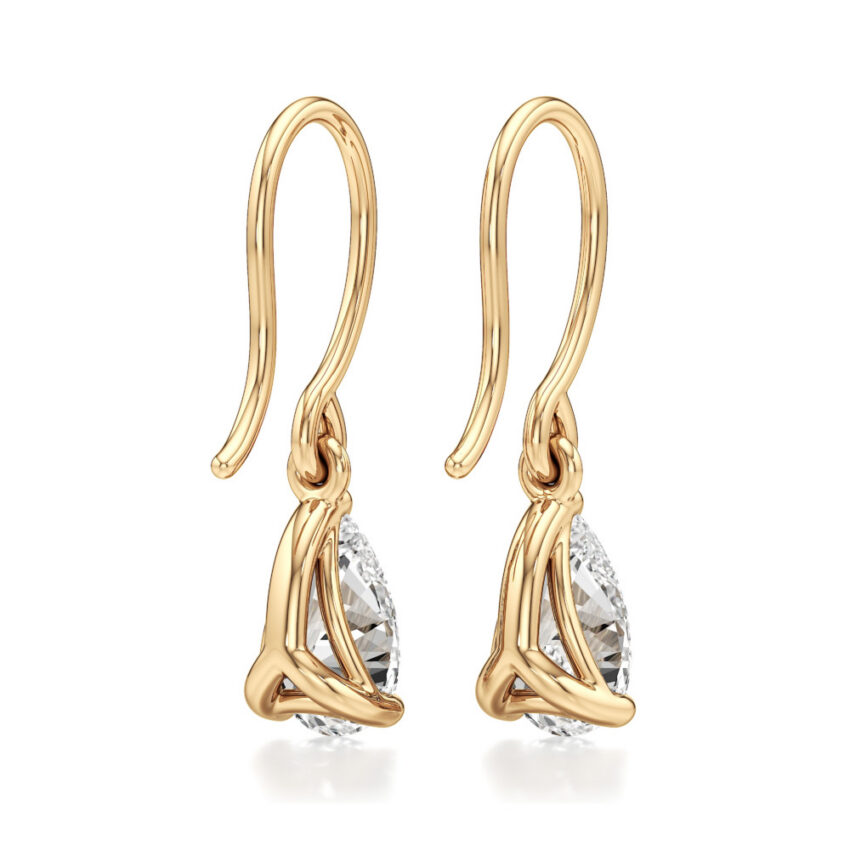 pear lab grown diamond drop earrings yellow gold back