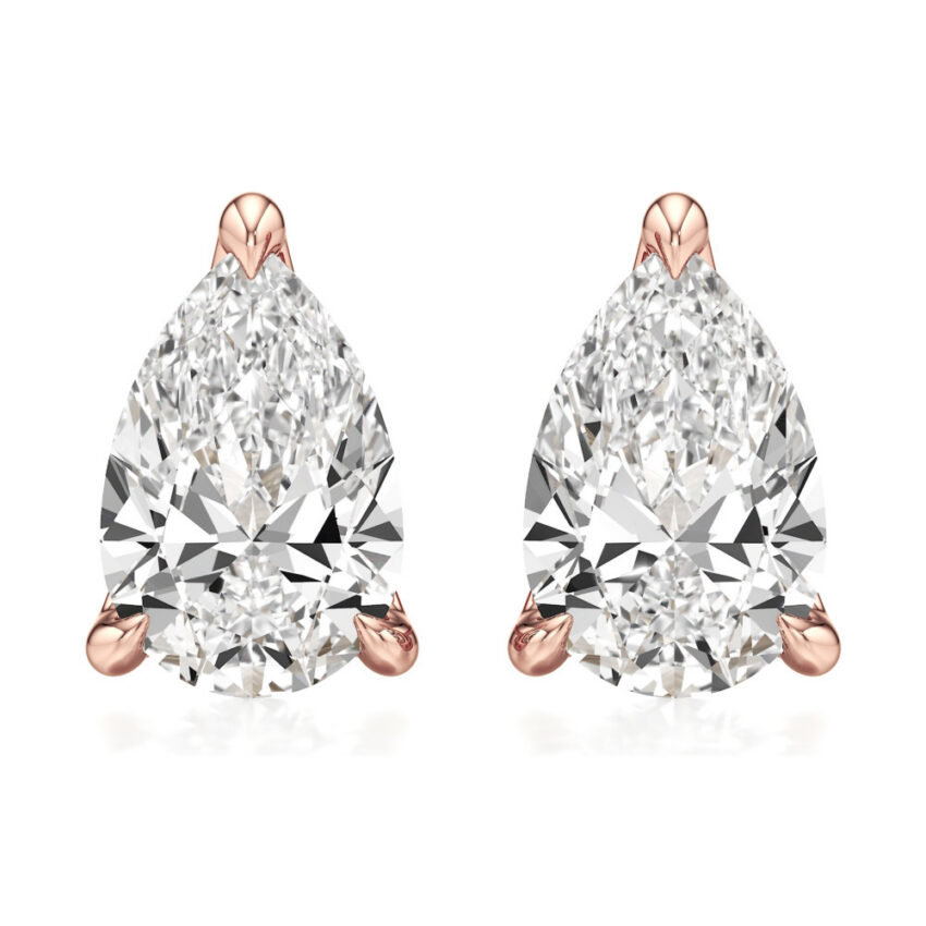 pear lab grown diamond stud earrings rose gold front