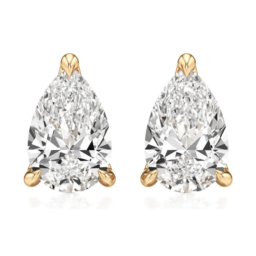 pear lab grown diamond stud earrings yellow gold front