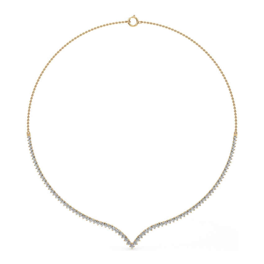 v collar lab grown diamond tennis necklace yellow gold front