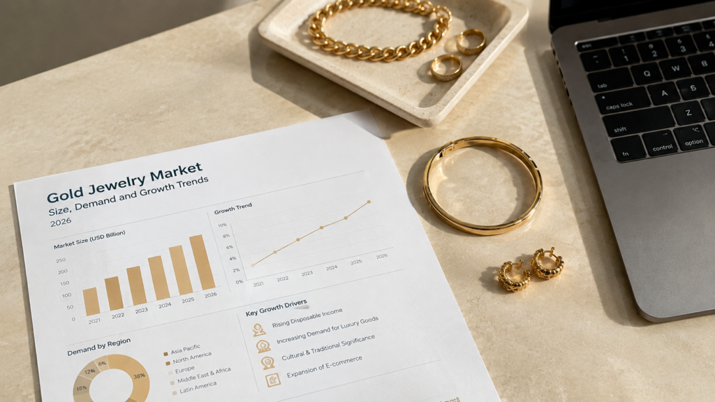 Gold jewelry market data showing size, demand, and growth trends for 2026