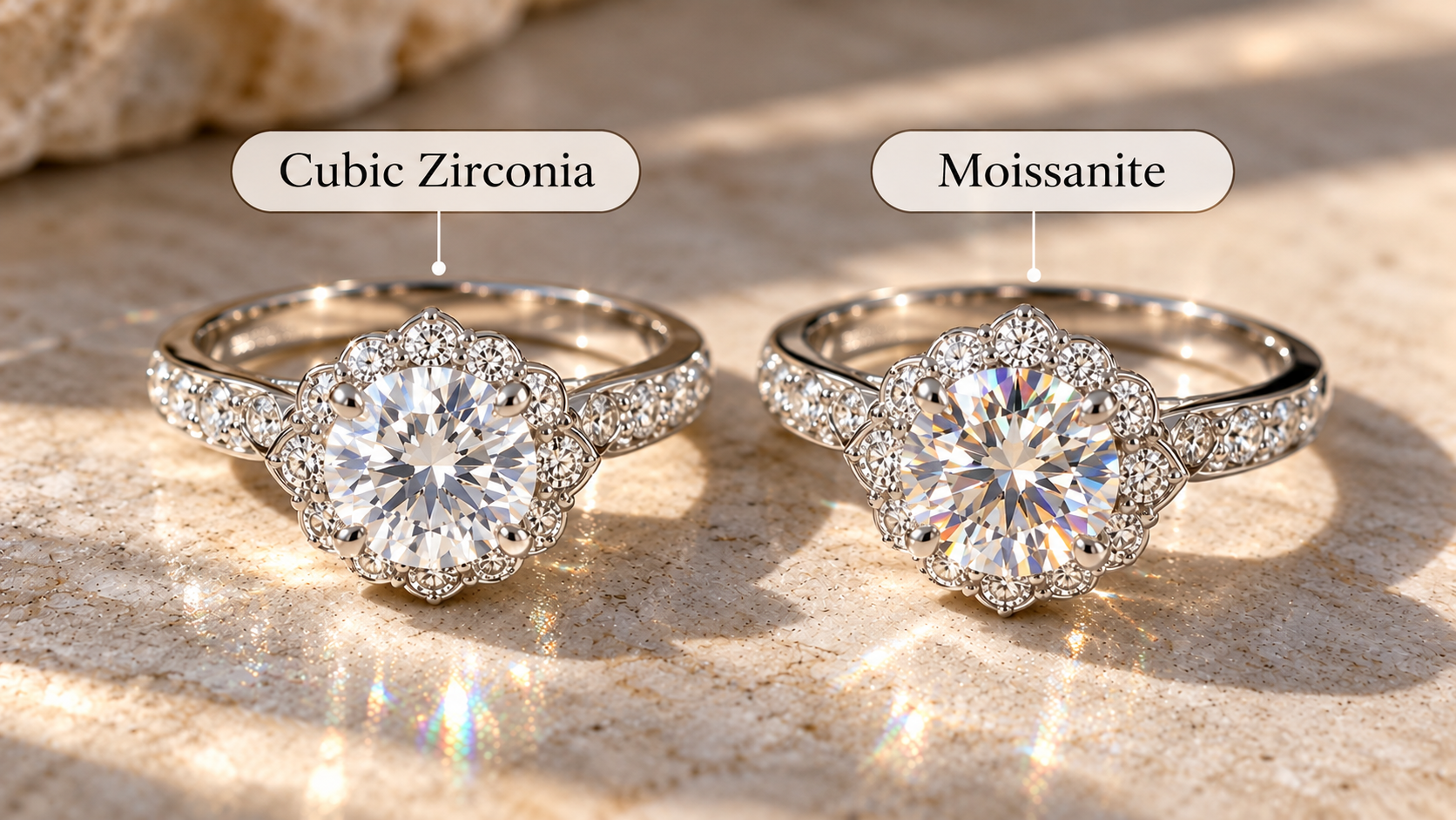 Cubic zirconia vs moissanite engagement ring stones side by side
