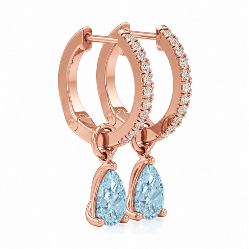 aqua sapphire aquamarine pear hoop earrings rose gold angle
