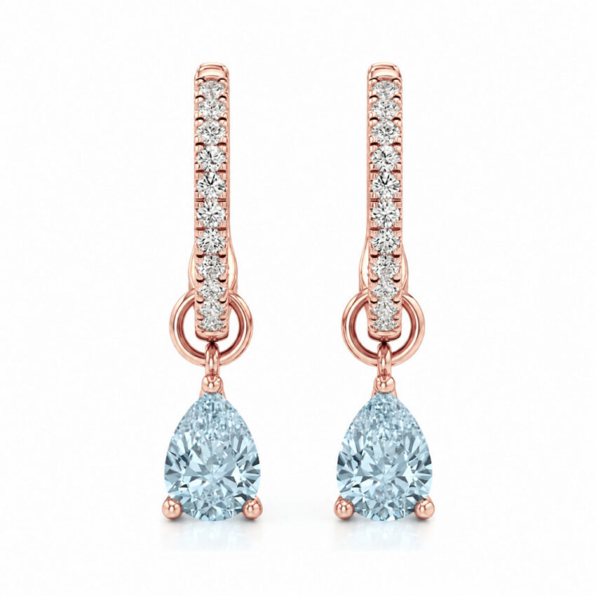 aqua sapphire aquamarine pear hoop earrings rose gold front